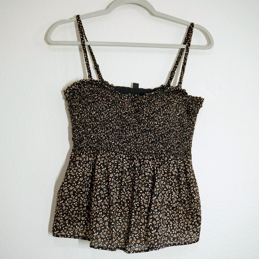 Uniqlo Women's XL Smocked Floral Camisole Top Built-in Bra Black Tan Strappy